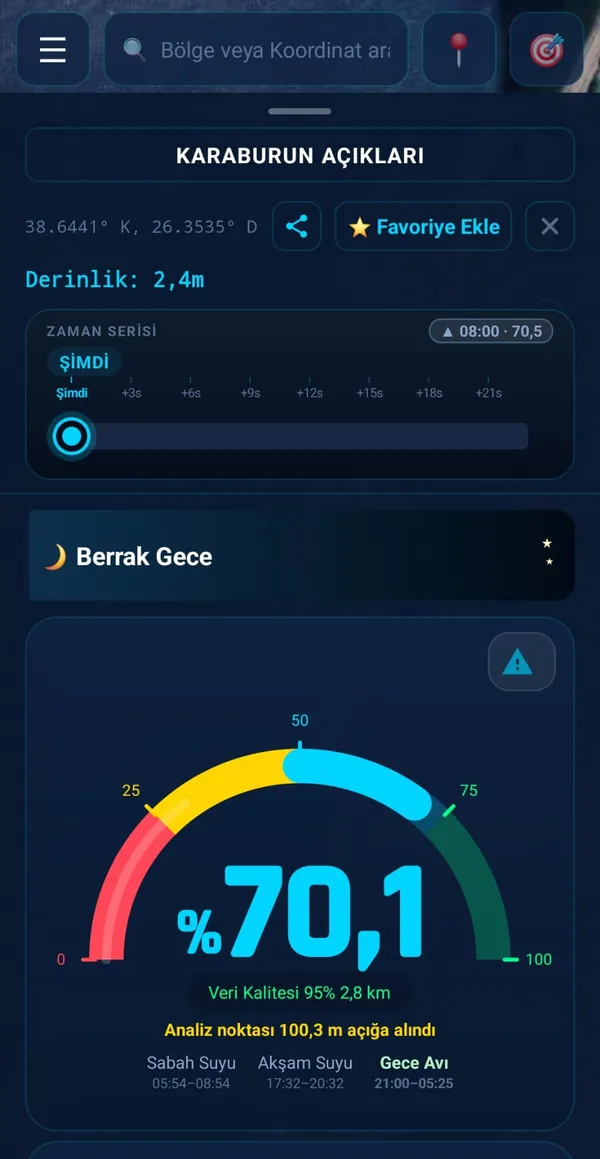 Aynı noktanın anlık uyum skoru göstergesi: %70,1, veri kalitesi %95